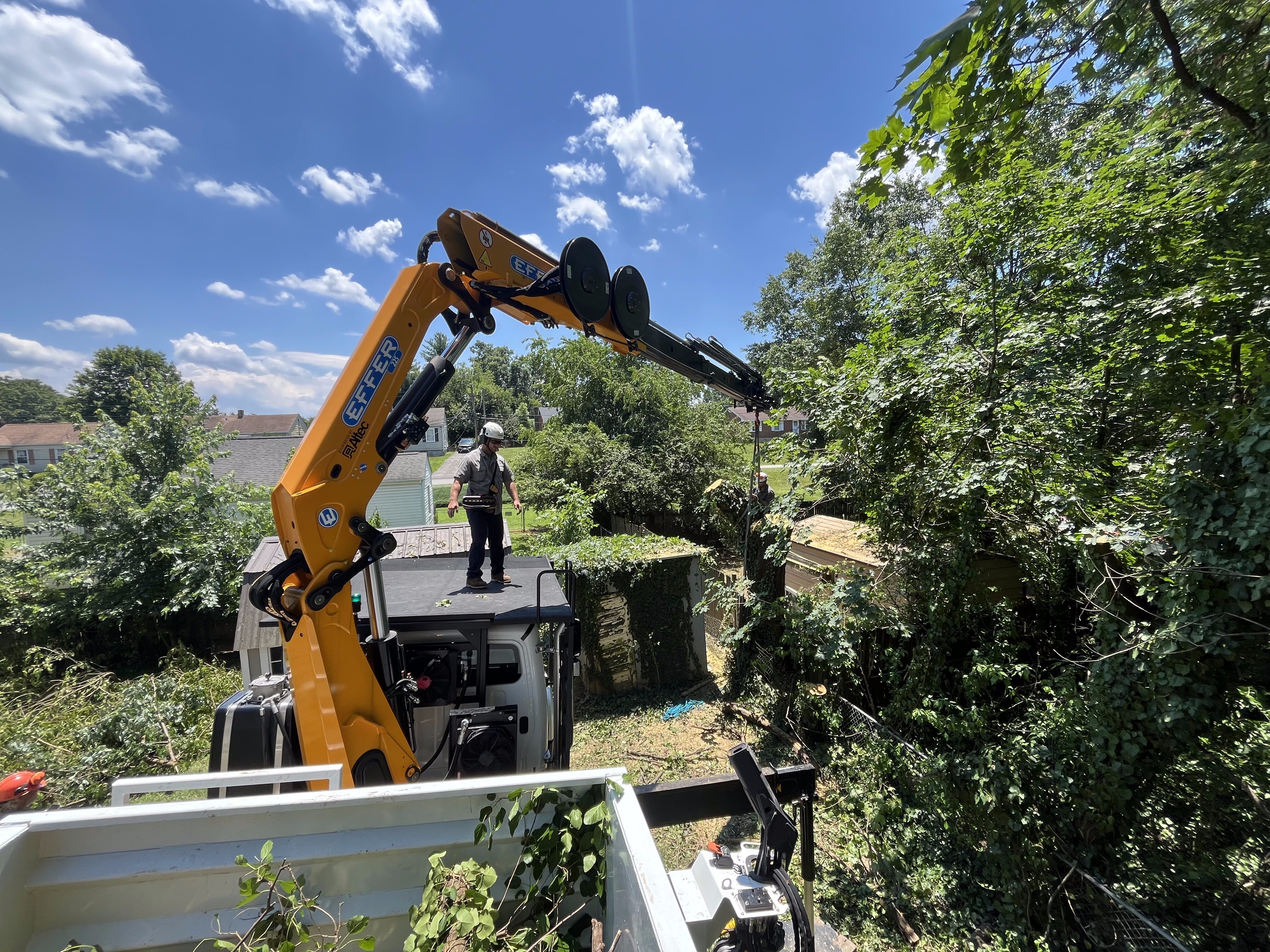 IMG_3534 Worker in hard hat guiding a crane-equipped truck removing a large tree limb from a residential lot, surrounded by green trees and shrubs under a blue sky, showing professional tree removal and storm cleanup services